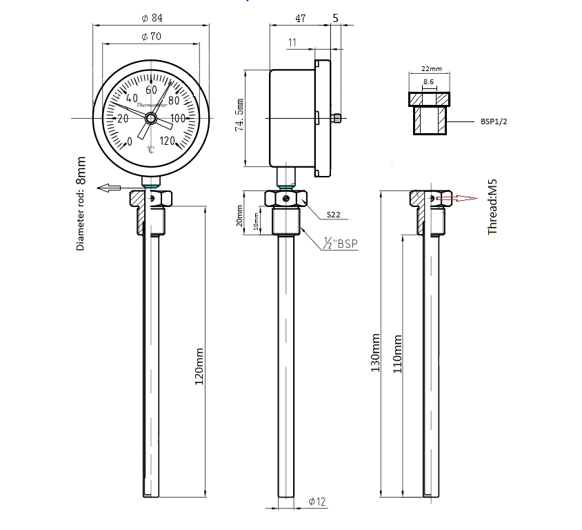 Stainless Steel Bottom Type Thermometer Series Industria Loil Transformer Industrial Bimetallic Thermometer